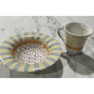 Vintage MacKenzie-Childs Monet Flat Rim Cereal Soup Bowl & Coffee Cup Mug Luxury